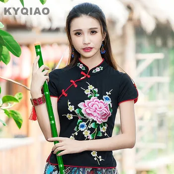 KYQIAO costume Cosplay femei plus dimensiune m-3xl alb negru roșu broderii florale broasca bluza tricou top Chineză tradițională tricou