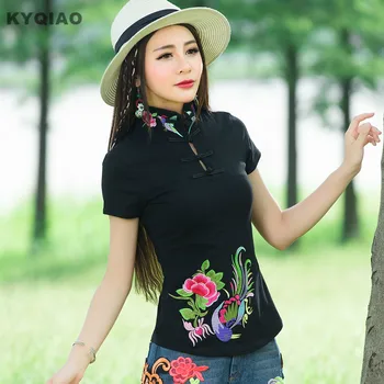 KYQIAO Tradițională Chineză îmbrăcăminte pentru femei, plus dimensiune îmbrăcăminte m-4xl mandarin guler verde negru alb roșu broderie bluza tricou
