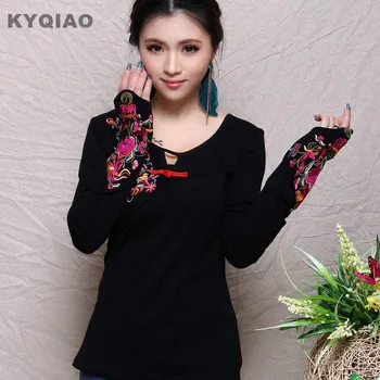 KYQIAO Vintage tricou femei de primăvară etnice retro maneca lunga broderie tricou negru brand maieu Chinezesc magazin de îmbrăcăminte