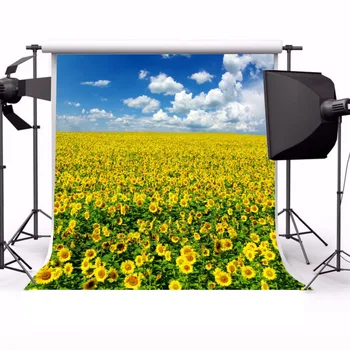 Laeacco Galben Floarea-Soarelui, Câmp Alb De Nori Cer Albastru Ferma De Fotografie, Fundaluri Pentru Studio Foto Vinil Personalizate Fundaluri Foto