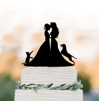 Lesbiene tort de nunta topper cu pisica. același sex Tort de nunta Topper cu câinele, silueta tort fân, d-na și d-na tort de nunta