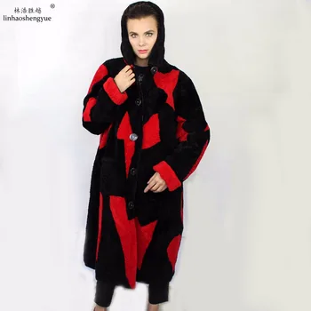 Linhaoshengyue 110cm culoare Lovit de moda Mongolia blana femei haina cu gluga ping