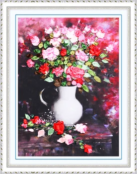 Lucru manual,DIY Panglică cusatura Cruce Seturi pentru Broderie kit,Rose Iubitor de Flori panglică Eco-Cusatura manopera nunta decor de perete
