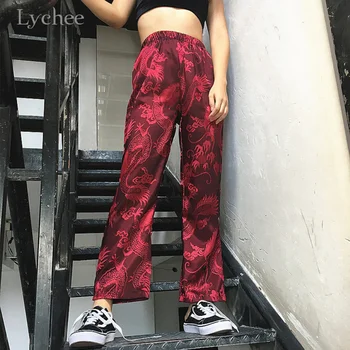 Lychee Stil Chinezesc Primavara Toamna Femei Pantaloni Dragon Broderie Buzunar Casual Pantaloni Largi Plat Plin Fleece Pantaloni