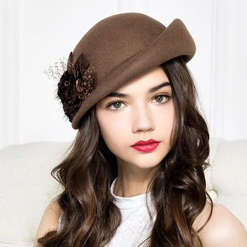 Lână Simțit Berete Femei Toamna Și Iarna Petrecere Tifon Floare Formale Pălărie Banchet Grace Pălării De Lână