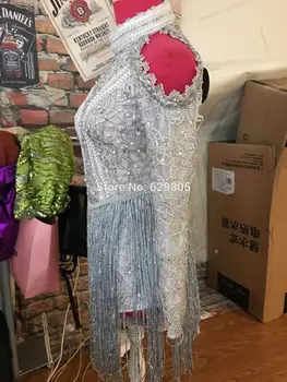 Maneca lunga Paiete Argintii Ciucure Body pentru Femei Costume Petrecere Cantareata Tricou Etapă Purta Bal Broderie costum de Corp