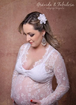 Maternitate Rochii Pentru Sedinta Foto De Vară Adânc V-Gât Rochie Alba Cu Maneci Lungi Din Dantela Final Rochie Sexy Rochii Gravide
