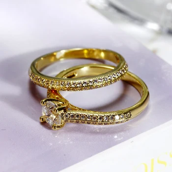 Mireasa Inele de nunta 2 buc set de Aur și de culoare Alb-cele mai bune Cadouri 3A Cristal Clasic de Logodna Bijuterii Femei Inel de Nunta