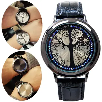 Moda din Piele Trupa Touch Ecran ceas cu LED-uri Pentru Femei/Bărbați cu Copac în Formă de Cadran Albastru Lumina de Afișare de Timp ~M24