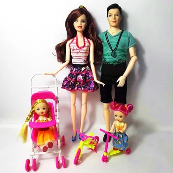 Moda Familie de 4 Persoane, Păpuși, Costume de 1 Mama/1 Tata/2 Kelly Fata/1 mini biciclete/1 cărucior pentru Fata Casă de Joacă Jucării Cadou