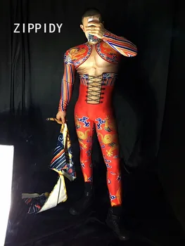 Moda model Dragon temă falsă musculare imprimate de Proiectare bărbați salopeta costum șorț club de noapte Sărbători petrecere dj show salopetă