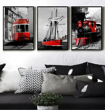 Modern de 3 Panouri de Culoare Alb-Negru Seria Roșie Tren de Navigatie Imprimate Panza Pictura pe Perete Camera de zi Imagini de Artă Fara Rama