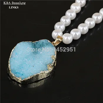 Naturale albastru de cristal druzy piatră colier,alb rotund margele perla, cu drusy cuarț piatră pandantiv colier