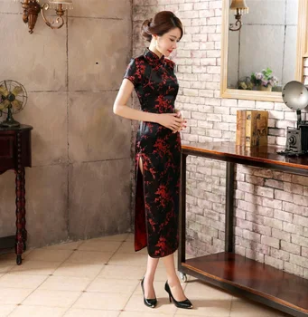 Negru Satin rosu Qipao Vara Lady stil Tradițional Chinezesc Cheongsam Rochii Femei pe Scurt Mânecă Lungă Qipao rochie Marimea S-XXL