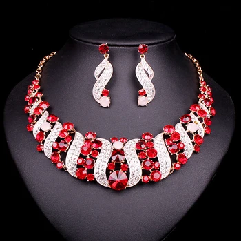 NOI Cristal Roșu Cravată Colier Cercei de Mireasa Indian Seturi de Bijuterii de Mireasa de Culoare de Aur bijuterii de Mireasa de Bal Accesorii Femei