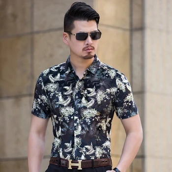 Noi vara 2018 sexy sex masculin transparent floral shirt mens cu maneci scurte gol florale haine vedea prin rochie camasi pentru om