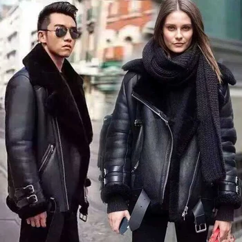 Nou 2016 iarna iubitorii de designer din piele genuine piele de oaie piele sacou motocicleta cuplu lână lână căptușite strat negru xxl