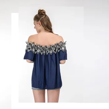 Nou Stil de Vara Tricouri Femei Vestido Plus Dimensiunea Vrac Slash Gât Sexy Dantelă Margine Mozaic Tricou Pentru Femei de Mari Dimensiuni Bluza 5XL