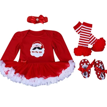 Noua moda 4buc Crăciun Seturi de Îmbrăcăminte Fetita Costume Sleeve Romper +Bentita+pantofi+Șosete până la Genunchi mai Cald Crăciun Costum Petrecere