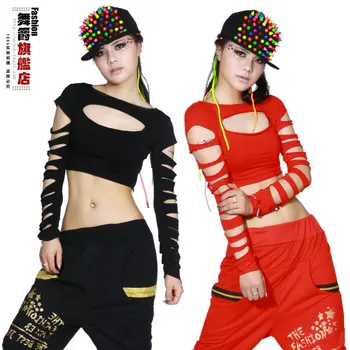 Noua Moda de dans hip-hop-top scurt feminin Jazz cutout costum de performanță purta vestă Neagră, Roșie Sexy Gol afară de costume de tricou