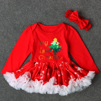 Noua Moda Fata de Crăciun Dress Red Mâneci lungi Pom de Crăciun de Imprimare Bumbac Nou-născuți Haine de Mireasa Printesa Rochie de Petrecere