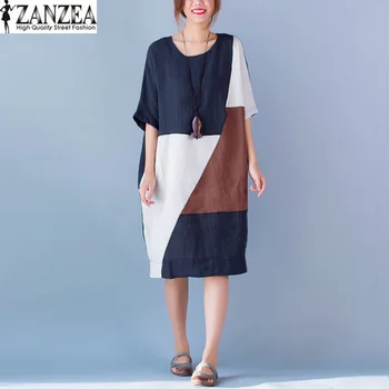 Noua Moda ZANZEA Femei Vintage Mozaic O-Gat Maneci Scurte de Vară Liber de Bumbac Casual Caftan Cămașă Rochie Vestido Plus Dimensiune
