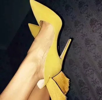 Noul produs femei violet galben pompe de piele de căprioară super subtire cu toc subliniat toe pantofi de lux grațios înapoi franjuri părți de încălțăminte