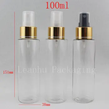O mulțime de 50pc Gol Transparent parfum spray flacon 100ml Clar Sticlă de Plastic Cu Aur Aluminiu Ceață Pulverizator Pompa de Container