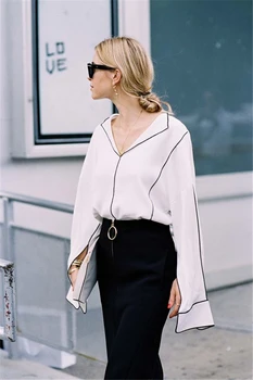 PADEGAO Street Style Negru cu margini alb Pur V-gât cu mâneci lungi Doamnelor tricou 2017 blogger de Moda recomanda Casual bluza de vara