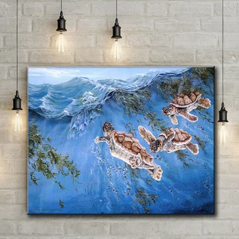 Pastorală de animale drăguț țestoasele de mare, peisaj marin pictura in ulei pe panza tiparituri imprimate pe panza de casa arta de perete decor imagine