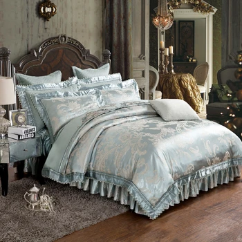 Pat gros fusta set de Lux Satin Jacquard lenjerii de Pat King Queen-Size Carpetă acopere stabilit răspândirea Pat Lenjerii de pat, fețe de Pernă