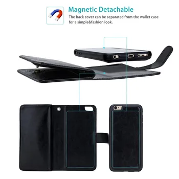 Pentru iPhone 6s Caz Detașabil Magnetic Portofel din Piele de Caz Pentru iPhone 6s 6 Plus 7 Plus 5 5S Caz Acoperire 9 Slot pentru Card Curea Flip