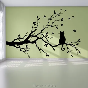 Pisica Pe Ramură De Copac Păsări De Vinil Autocolant De Perete De Arta Autocolante Decorative Geam Autocolant De Perete Bucatarie Autocolante Decor Acasă A017
