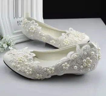 Plus dimensiuni 40 41 42 fildeș de mireasa dantela pantofi pentru femeie mică toc mic comfotable perle de pantofi de mireasa TG382 părți rochie pantofi