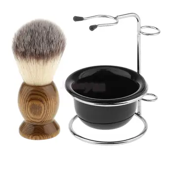 Profesionale Salon De Frizerie Pentru Bărbați Lemn Perie De Ras + Din Oțel Inoxidabil Suport Stand + Negru Sapun Crema Cana Set Castron