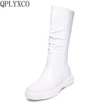 QPLYXCO Plus dimensiune Mare 34-43 cizme de iarna de Moda pantofi de Femeie tocuri plat casual Mijlocul butoi cizme cald zapatos mujer 9588-13