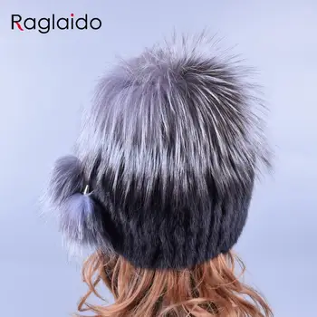 Raglaido Femei Pălărie de Iarnă Real Nurca Caciula de Blana de Vulpe Argintie Capace cu Bila Rusia Brand de Moda Blană Capac Tricot Căciuli Negre LQ11193