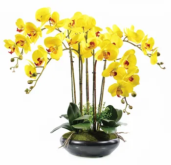 Real Atinge Galben Floare De Buchet De Flori Aranjament Orhidee Cu Frunze Petrecere De Nunta De Flori False Eveniment Floare Transport Gratuit