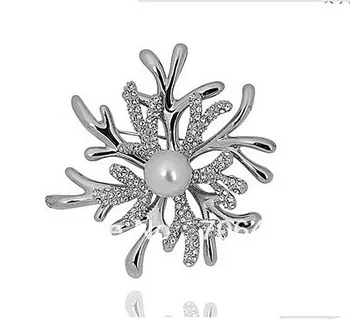 Rhodium Placat cu Argint Clar Stras de Cristal Diamante Coral Polypite Brosa Floare cu Perla Alba
