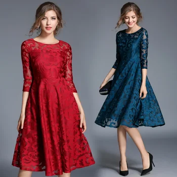Roșu albastru dantelă Trei Quaeter sexy femei Rochie 2017 pistă de moda rochie stil rochie casual