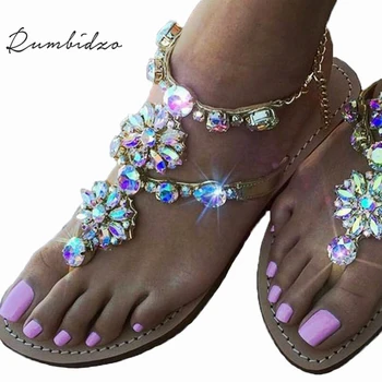 Rumbidzo 2018 Noi Boem Femei Sandale De Cristal Toc Plat Sandalias Stras Lanț Pantofi Femei Thong Flip Flops Zapatos Mujer