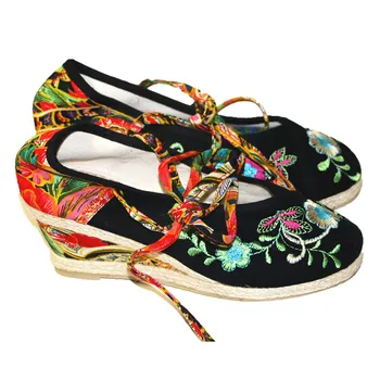 Runda Toe Espadrile Sandale Wedge Sandal Femei Strappy Florale Imprimare Denim Brodat Pene Populară Chineză Stil de pantofi