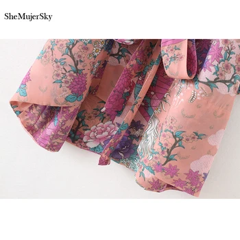 SheMujerSky kimono cardigan Vrac Florale Imprimare Tricou Lung Cu Curea 2018 Vara Roz Femei kimonouri mujer