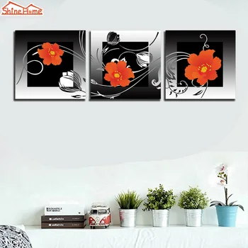 ShineHome-3pc Simplă Floare Roșie Perete Panza Tablou Triptic Imagine Alb Negru Natură Printuri pentru Living Room Cafe Decorative