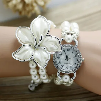 Shsby Noua Moda Femei rochie Ceasuri Doamnelor lanț pearl alb floare brățară cuarț ceasuri de mana Femei Stras Ceasuri