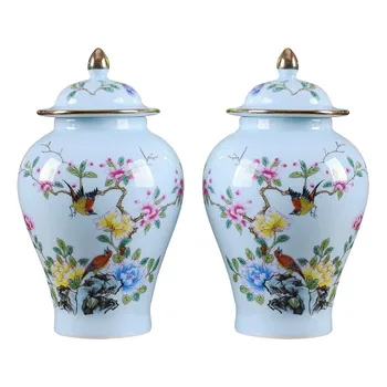 Simetric Vas Antic Vaza Ceramica Flori și Păsări Modele Hat-Borcan acoperit Ornament Cadou Creativ