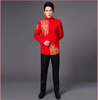 Tineri chinezi de Top Sacou Stand guler Alb Rosu Albastru costum de nunta Chineză Zhongshan Cantata de îmbrăcăminte Tradiționale de sex Masculin