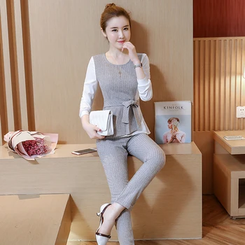Toamna costum femei OL moda coreeană o de gât sus pantaloni slim 2 buc set haine cu centura de design de brand office lady costum marimea S-XL