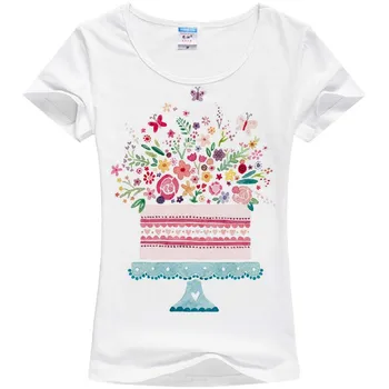 Tort de fete cu flori imprimate t-shirt guler rotund Mic și proaspăt Chineză de moda pentru femei T-shirt imprimate t-shirt pe B-7#