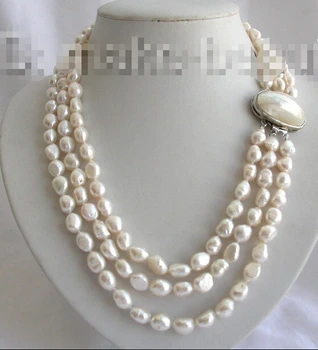 Transport gratuit uimitoare 3rows 10mm baroc alb de apă dulce colier de perle de cultură mabe b187 o